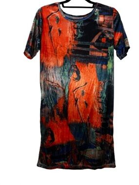 Abstract Orange & Teal Flowy knee length T-Shirt style Dress Women’s XXL